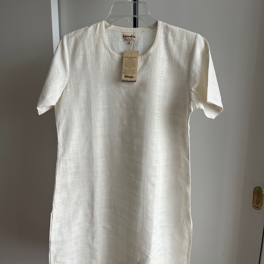 FabIndia NWT khadi cotton ivory color Kurta tunic top dress short sleeve slits M